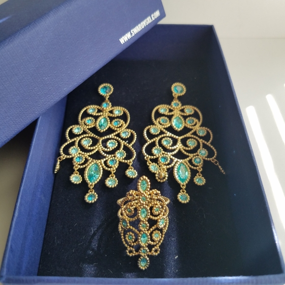 AUTHENTIC Swarovski 18k Gold Plated Azore Filigree Earrings & Ring SET - Picture 9 of 17